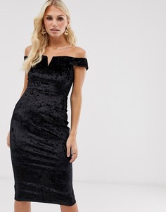Бархатное облегающее платье с открытыми плечами AX Paris-Черный