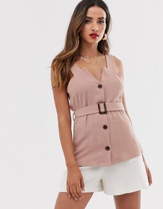 Розовый структурированный топ с пуговицами и поясом River Island