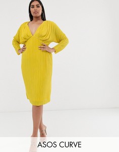 Плиссированное платье миди с рукавами \летучая мышь\" ASOS DESIGN Curve-Желтый