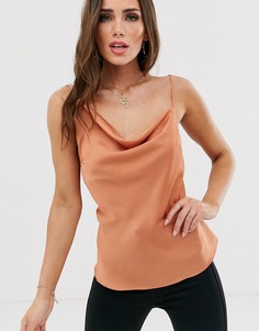 Асимметричный атласный топ на бретельках со свободным воротом ASOS DESIGN-Золотой