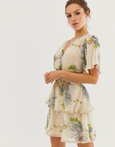 Платье мини с двухъярусной юбкой и цветочным принтом ASOS DESIGN-Мульти