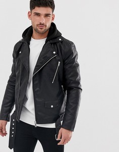 Черная байкерская куртка из искусственной кожи с капюшоном River Island-Черный