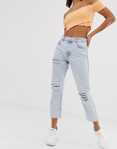 Голубые узкие джинсы с рваной отделкой Bershka-Синий