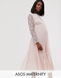 Платье миди с длинными рукавами и кружевными вставками ASOS DESIGN Maternity-Розовый