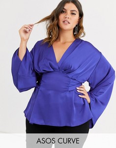 Атласный топ с глубоким вырезом и длинными рукавами ASOS DESIGN Curve-Синий