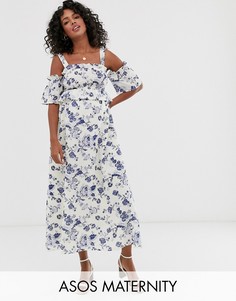 Синее платье макси со сборками ASOS DESIGN Maternity-Мульти