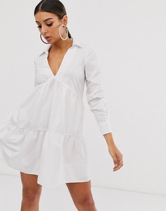 Свободное хлопковое платье мини с длинными рукавами ASOS DESIGN-Белый