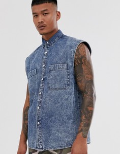 Джинсовая oversize-рубашка без рукавов с эффектом кислотной стирки ASOS DESIGN-Синий