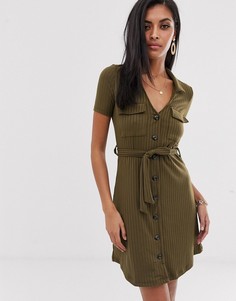 Платье-рубашка мини цвета хаки в стиле милитари River Island-Зеленый