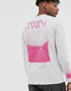 Белый меланжевый лонгслив свободного кроя с принтом \Elysium\" на спине и рукавах ASOS DESIGN