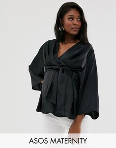 Атласный топ с глубоким вырезом и длинными рукавами ASOS DESIGN Maternity-Черный