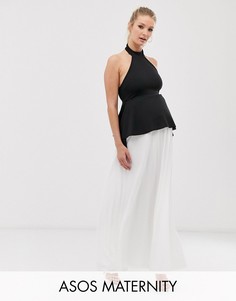 Платье макси в стиле колор блок с халтером и баской ASOS DESIGN Maternity-Черный