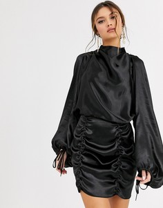 Атласное платье мини с пышными рукавами и присборенной юбкой ASOS DESIGN-Черный