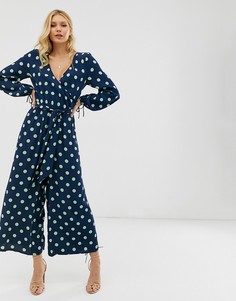 Комбинезон в горошек, с запахом и завязками на манжетах ASOS DESIGN-Темно-синий