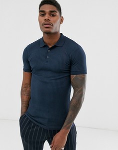 Поло в рубчик темно-синего цвета обтягивающего кроя ASOS DESIGN-Темно-синий