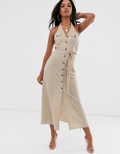 Платье макси в стиле милитари с халтером ASOS DESIGN-Бежевый
