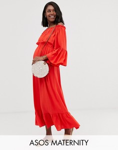 Платье макси из жатой ткани с открытыми плечами ASOS DESIGN Maternity-Красный