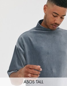 Синяя велюровая oversize-футболка в рубчик с высоким воротом и рукавами длиной до локтя ASOS DESIGN Tall-Синий