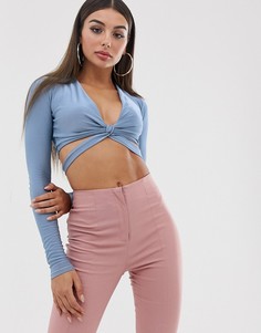 Синий кроп-топ с завязкой на талии Missguided