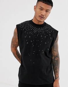Черная oversize-футболка без рукавов со стразами ASOS DESIGN-Черный