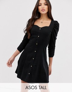 Чайное платье с длинными рукавами на кнопках ASOS DESIGN Тall-Черный