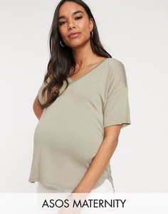 Фактурный трикотажный топ цвета хаки с V-образным вырезом ASOS DESIGN Maternity-Зеленый