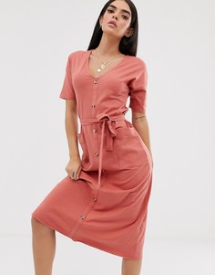Платье миди на пуговицах с поясом и карманами ASOS DESIGN-Красный