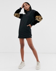 Трикотажное платье с леопардовыми вставками на рукавах ASOS DESIGN-Мульти