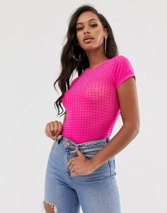 Ярко-розовый сетчатый топ с короткими рукавами и отделкой камнями ASOS DESIGN