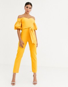 Комбинезон с открытыми плечами, пышными рукавами и поясом ASOS DESIGN-Желтый