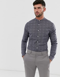 Темно-синяя рубашка скинни с принтом пейсли и воротом на пуговицах ASOS DESIGN-Темно-синий