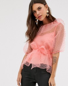 Прозрачный топ из органзы с рукавами 3/4 и ремнем ASOS DESIGN-Бесцветный