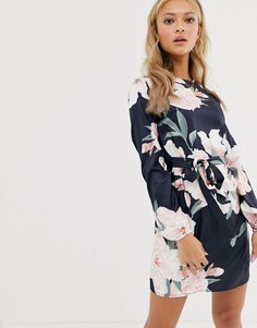 Платье с длинными рукавами и поясом Parisian-Темно-синий