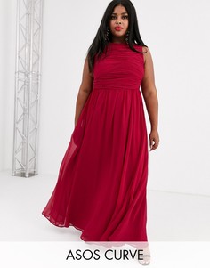 Платье макси с мягкой плиссировкой на топе ASOS DESIGN Curve Bridesmaid-Красный