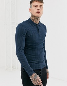 Темно-синее облегающее поло в рубчик и с длинными рукавами ASOS DESIGN-Темно-синий