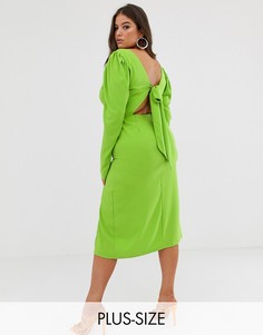 Неоново-зеленое платье миди с открытой спиной и длинными рукавами John Zack Plus-Желтый
