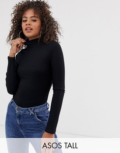 Черное боди в рубчик с длинными рукавами и высоким воротом ASOS DESIGN Tall-Черный