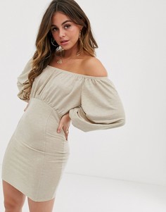 Льняное платье мини с широким вырезом ASOS DESIGN-Бежевый