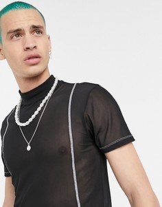 Черная облегающая эластичная футболка из тонкой сеточки и с контрастными строчками ASOS DESIGN-Черный