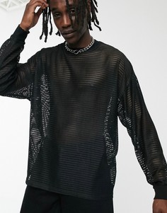 Хлопковая сетчатая oversize-футболка черного цвета с длинными рукавами ASOS DESIGN-Черный