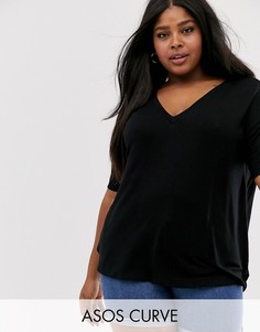 Черная фактурная oversize-футболка с V-образным вырезом ASOS DESIGN Curve-Черный