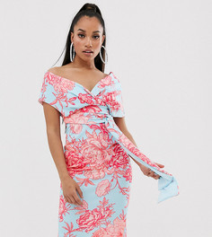 Платье-футляр миди со спущенными плечами, завязкой на талии и цветочным принтом ASOS DESIGN Petite-Мульти