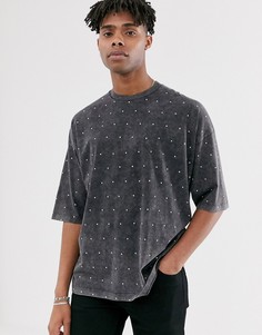 Черная выбеленная oversize-футболка с рукавами до локтя и отделкой стразами ASOS DESIGN-Серый