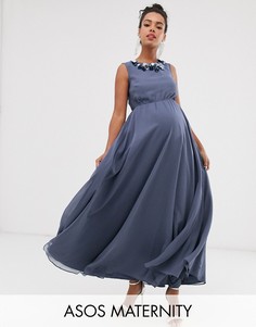 Платье макси с цветочной 3D отделкой ASOS DESIGN Maternity-Синий