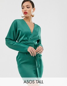 Атласное платье мини с рукавами \летучая мышь\" и запахом ASOS DESIGN Tall-Мульти