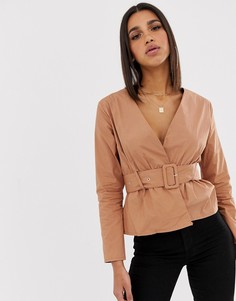 Блузка с поясом Missguided-Бежевый