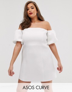 Короткое приталенное платье с пышными рукавами ASOS DESIGN Curve-Белый