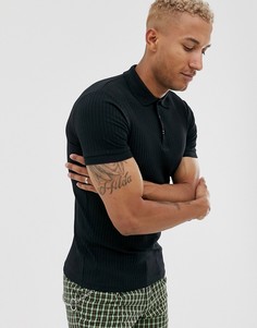 Черная облегающая футболка-поло в рубчик ASOS DESIGN-Черный