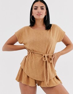 Домашний топ с открытыми плечами и поясом ASOS DESIGN-Светло-коричневый
