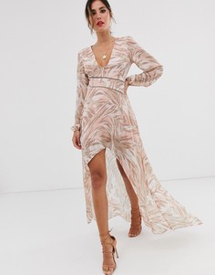 Платье миди с кружевной отделкой и звериным принтом ASOS DESIGN-Розовый